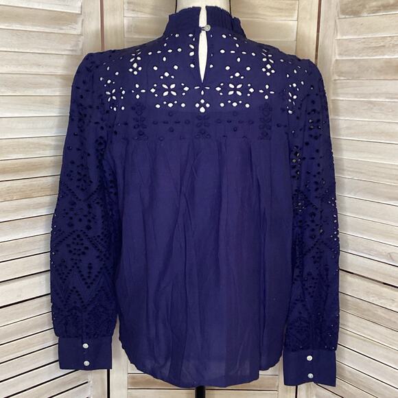 Anthropologie Seen Worn Kept Navy Cotton Eyelet Ruffle High Neck Blouse 6 - Picture 3 of 8